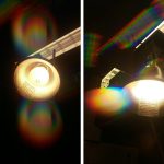 An exploration of light using diffraction grating, with different patterns arising from the different emission spectra of incandescent light bulbs and fluorescent ceiling lights.